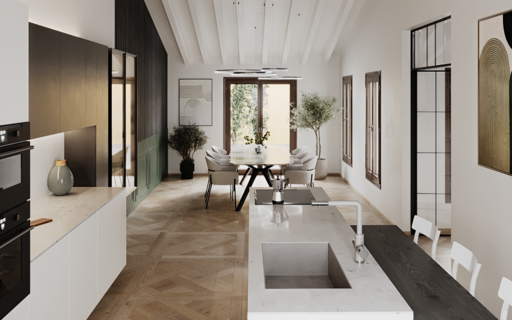 Foto un salotto in marmo bianco open space moderno con parquet marrone chiaro